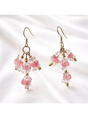 REIMAGINED Strawberry Quartz & Clear Quartz Dangle Earrings 2” Gold Plated 925